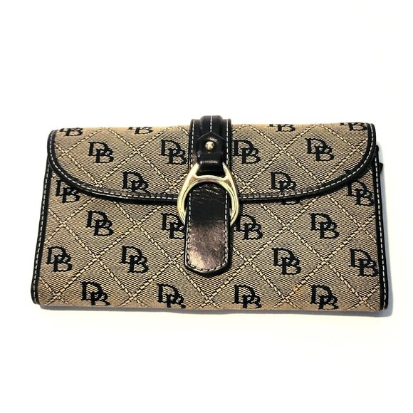 DOONEY & BOURKE Canvas Signature Wallet Black Tan Red Metal Buckle Checkbook - Picture 1 of 13
